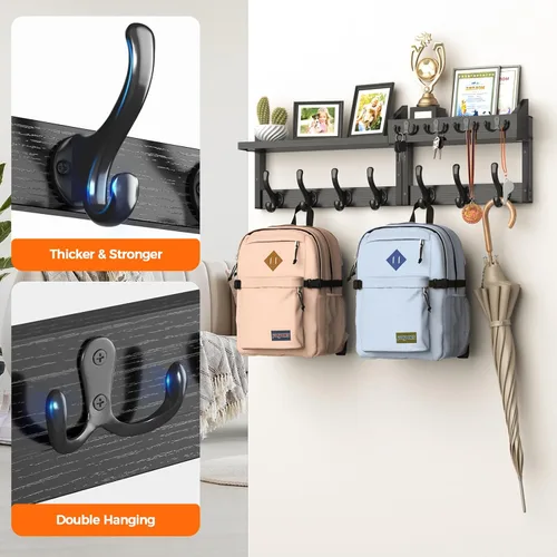 Miniatura 6 de Evermagin Perchero de pared de 29 pulgadas con estante, perchero 4 en 1 y colgador de llaves con 11 ganchos de metal, estante montado en la pared