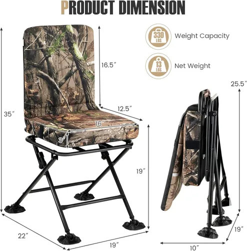 Miniatura 3 de Tangkula Silla de caza, giratoria de 360 grados, de camuflaje, portátil, plegable, con cojín acolchado, almohadillas ajustables para los pies
