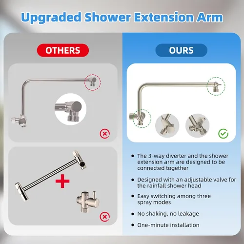Miniatura 4 de Cabezal de ducha de metal, 8 pulgadas de alta presión con brazo de extensión de 11 pulgadas, cabezal de ducha de mano de 10 pulverizadores, manguera