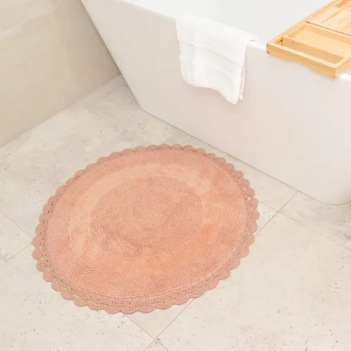 Alfombra de baño redonda bohemia única con contorno de ganchillo, alfombras de baño bohemias 100% algodón, reversible, alfombra bohemia decorativa