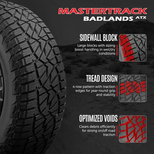 Miniatura 7 de Juego de 4 (cuatro) neumáticos Mastertrack BADLANDS ATX 225/65R17 102H para todo terreno para todo terreno 225/65/17. Incluye 3 años de garantía