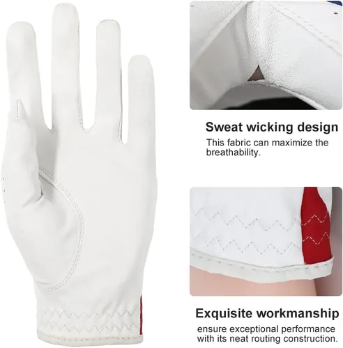 Miniatura 2 de Guantes de golf para hombres y mujeres, mano izquierda para golfista diestro, patrón de bandera estadounidense, cuero sintético, fibra de licra