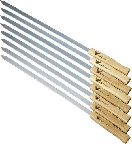 Miniatura 12 de G & F Products Brochetas para barbacoa, pinchos planos de acero inoxidable de 23 x 5/8 pulgadas con asas de madera, juego de 8 piezas con bolsa