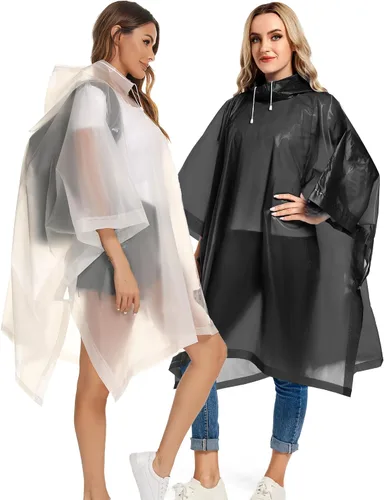 Miniatura 65 de Paquete de 2 ponchos de lluvia para adultos, reutilizables, impermeables, de supervivencia, emergencia, resistente, con capucha con cordón