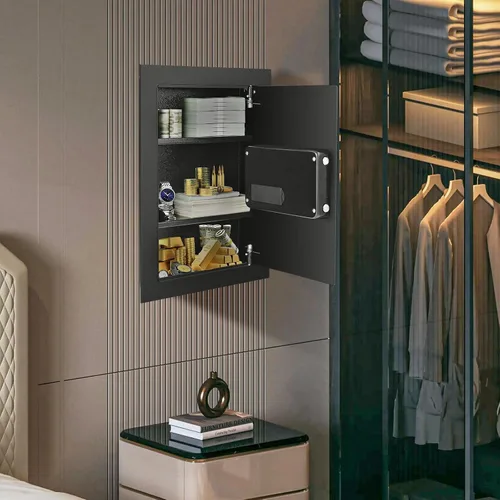 Miniatura 2 de S AFSTAR Caja fuerte de pared, caja de seguridad digital electrónica con teclado y 2 llaves de emergencia, estante extraíble y luces LED, caja