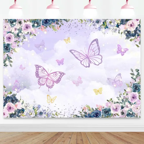 Miniatura 6 de Mocsicka Fondo de mariposa violeta - Fondo de decoración de fiesta de niña floral púrpura - Boda, cumpleaños, baby shower - 6 x 4 pies