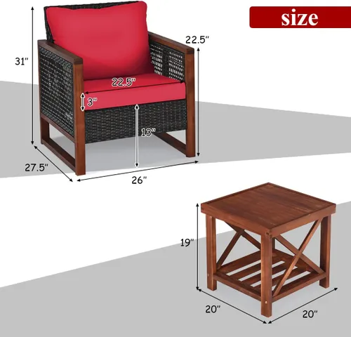 Miniatura 5 de Tangkula Juego de muebles de mimbre de 3 piezas, juego de sofá de ratán para exteriores con cojín lavable y mesa de centro de madera de acacia, Rojo