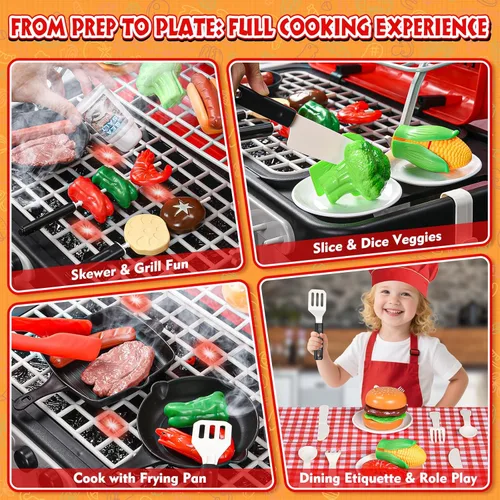 Miniatura 4 de Juguetes de cocina para niños de 86 piezas: juego de parrilla para niños con humo, sonido, luz, UV y agua que cambia de color, juego de cocina