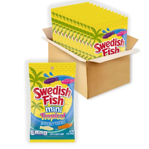 SWEDISH FISH Mini caramelo tropical suave y masticable, caramelo a granel, bolsas de 12 - 8 onzas