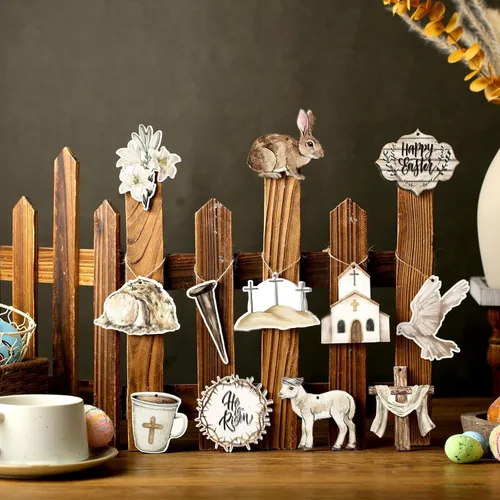 Miniatura 2 de 36 piezas de adornos de Pascua para árbol de Pascua, cesta colgante de flores de conejo, decoración colgante de conejito de madera, adornos