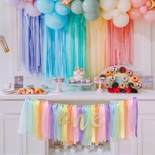 Miniatura 4 de Cartel para silla alta de arcoíris pastel, recuerdo de decoración de primer cumpleaños, telón de fondo de fotos de primer cumpleaños, tema de arco
