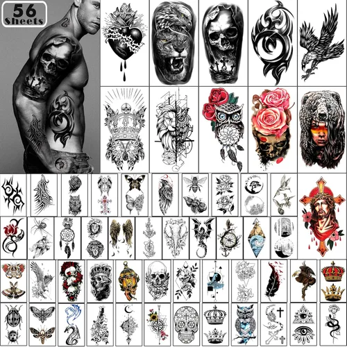 Yazhiji 56 hojas de tatuajes temporales, 11 hojas de tatuajes de medio brazo para hombres o mujeres con 45 hojas de tatuajes falsos diminutos rojo