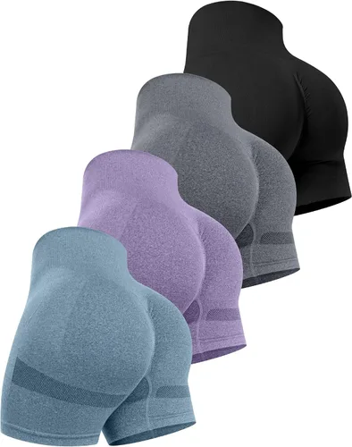 Miniatura 22 de CHRLEISURE Pantalones Cortos de Entrenamiento para Mujer, 4 Paquetes, Cintura Alta, Levantamiento de Glúteos con Fruncido, Pantalones Cortos Booty