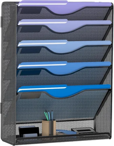 Gawerk Organizador de archivos colgante de 6 niveles, soporte de malla para archivos de pared, estante para carpetas de papel con bandeja plana Negro