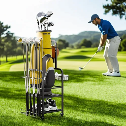 Miniatura 7 de niffgaff Golf Bag Organizer Golfing Storage Stand for Garage Golf Bags Golfing Rack with Wheels Black