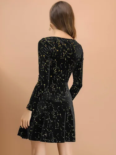Miniatura 5 de Allegra K Mini vestido de terciopelo vintage con cuello cuadrado y estrellas de Navidad para mujer