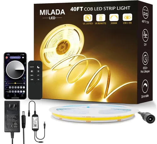 Miniatura 8 de Tira de Luces LED COB 3000K 80 pies/24M tira led blanca cálida regulable de alto lumen (2 rollos de 40 pies) Adaptador UL 24V Adhesivo Adecuado