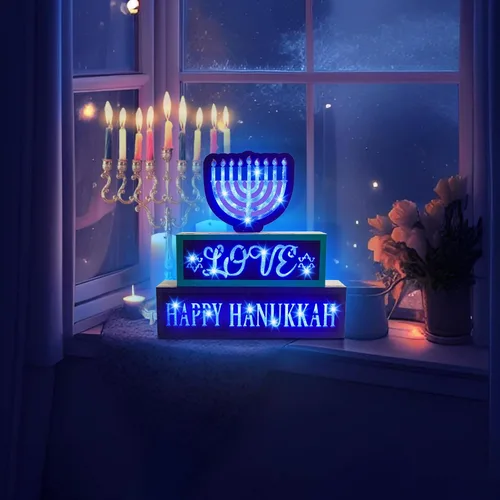 Miniatura 7 de Decoraciones iluminadas de Hanukkah, letrero de madera con 81 luces LED, funciona con pilas, letrero de puerta de menorá para centro de mesa