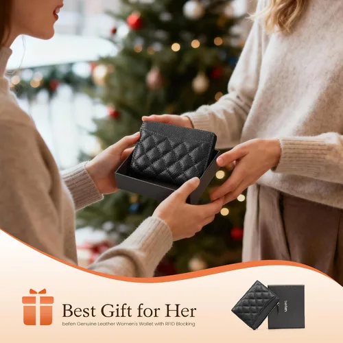 Miniatura 8 de befen Cartera delgada de cuero auténtico con RFID, billetera de dos pliegues para mujer con bolsillo con cremallera y llavero, Negro, Talla única