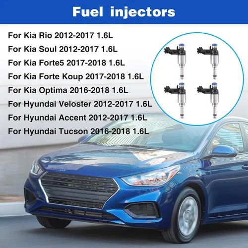 Miniatura 2 de Juego de 4 inyectores de combustible compatibles con Hyundai Accent Veloster Kia Rio Soul 2012-2017, inyector de combustible no turbo, inyector