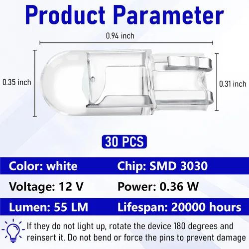 Miniatura 2 de 30 bombillas LED 194 para automóvil, 168 2825 W5W T10 de cuña COB LED de repuesto, bombilla de placa de matrícula de 6000 K, bombilla interior libre