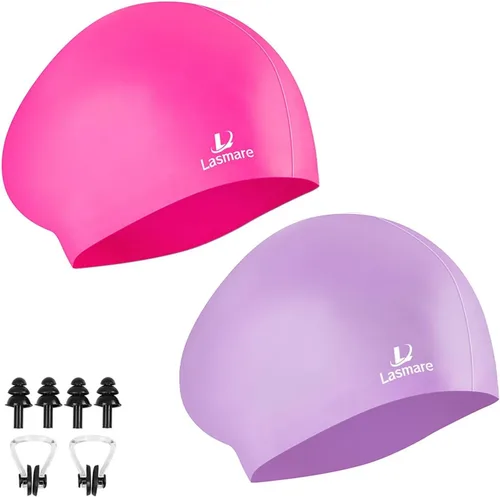 Miniatura 11 de Long Hair Swim Cap for Women 2 Pack, Silicone Swimming Caps for Unisex Adult Women Men with Ear Plugs & Nose Clip Set, Waterproof Adult Swim Hats