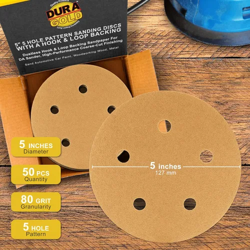 Miniatura 2 de Dura-Gold - Premium - Grano 80 - Discos de lija dorados de 5 pulgadas - Gancho y bucle sin polvo de 5 agujeros para lijadora DA - Caja de 50 discos