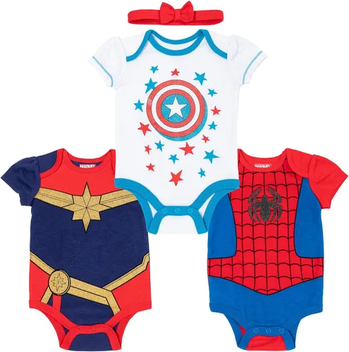 Marvel Vengadores Capitán Marvel Capitán América Spiderman - Body de manga corta y diadema para bebés recién nacidos a bebés