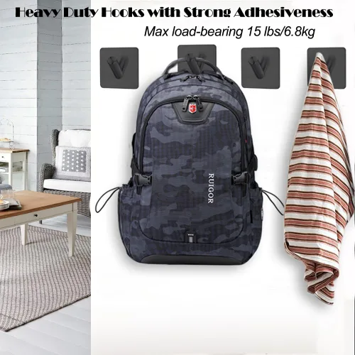 Miniatura 4 de Fotosnow Ganchos de pared adhesivos negro mate, curva de bloqueo de 15 libras, antideslizante, acero inoxidable, sin taladro, ganchos para baño