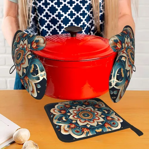 Miniatura 6 de Juego de manoplas de horno y soportes para ollas con mandala étnico bohemio, resistentes al calor, guantes de cocina y agarraderas para cocinar