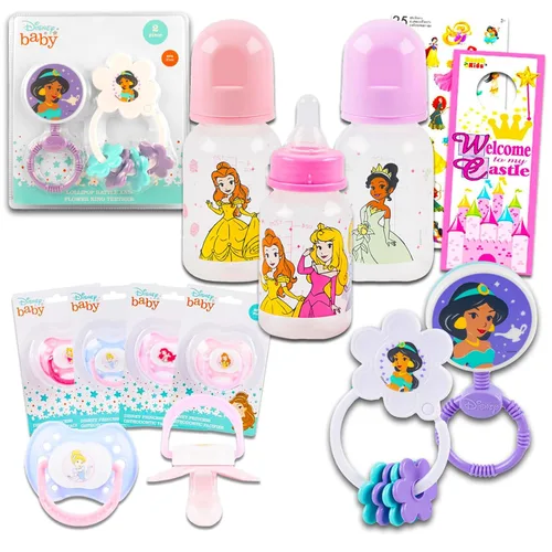 Disney Juego de regalo de princesa para bebé, regalos de baby shower para niñas, paquete de 8 piezas esenciales para recién nacidos con sonajero,