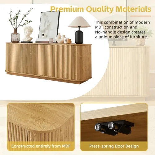Miniatura 3 de Aparador de buffet de 64 pulgadas con almacenamiento, moderna credenza acanalada con estantes ajustables, mesa consola de barra de café de madera