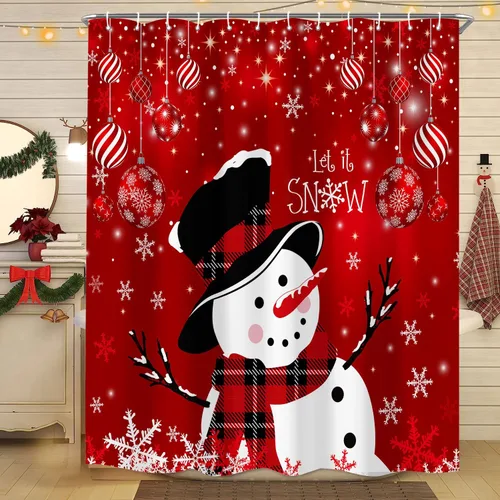 Cortina de ducha de muñeco de nieve de Navidad, bola de Navidad roja, bonita cortina de ducha de muñeco de nieve de invierno, decoración navideña,