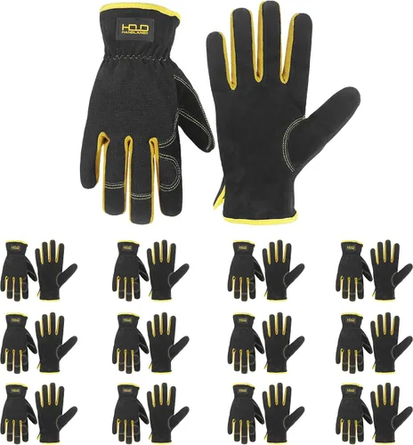 Miniatura 11 de HANDLANDY Guantes de jardinería de cuero para hombre, guantes de trabajo utilitarios para mecánicos, construcción, conductor 3 pares amarillo