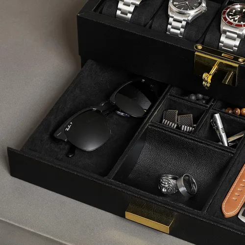 Miniatura 13 de ROTHWELL Caja de reloj de cuero de 10 ranuras con cajón de valet, organizador de exhibición de lujo con forro de microgamuza ultrasuave, soporte