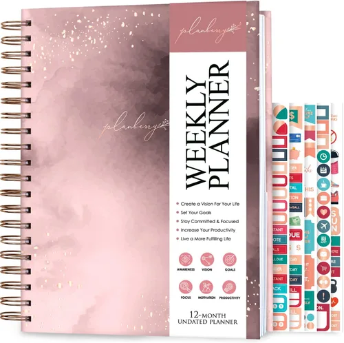 PLANBERRY Agenda semanal grande de alta calidad, planificador de vida y presupuesto sin fecha, organizador y diario de productividad, 8 x 10.4 Oro