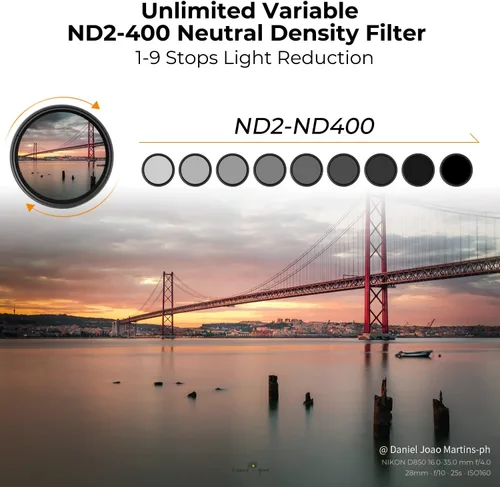 Miniatura 3 de K&F Concept Filtro de lente ND variable ND2-400 de 3.228 in (1-9 paradas) + tapa de filtro de TPU filtro de densidad neutra ajustable con 18