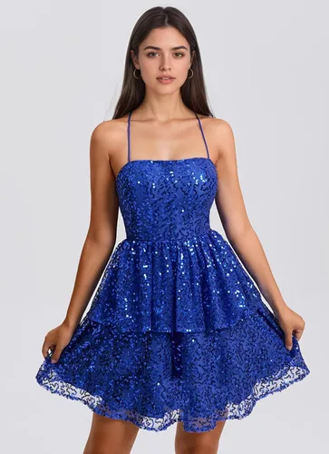 Miniatura 3 de YUAOHUANG Vestido de fiesta de lentejuelas con tirantes delgados 2025 vestidos de cóctel cortos escalonados para mujer
