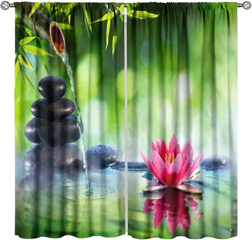 Miniatura 21 de Cortinas con estampado de bambú verde natural, plantas asiáticas, japonesas, tallos rústicos, hojas, cortina de selva con bolsillo para cortinero