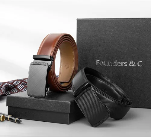 Miniatura 7 de Founders & C Cinturón para hombre, 2 unidades, vestido de cuero con trinquete con hebilla deslizante de 1 38 pulgadas en caja de regalo