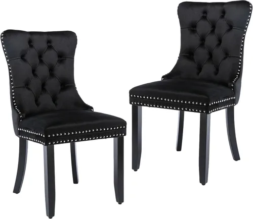Miniatura 9 de LKTART Juego de 2 sillas de comedor de terciopelo, sillas de comedor copetudas con ribete de anillo de clavo, silla de comedor tapizada con patas