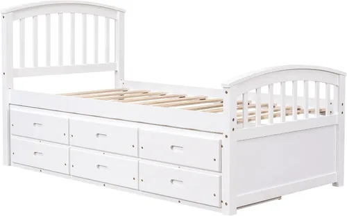 Miniatura 3 de Merax Cama de almacenamiento de madera maciza con 6 cajones, soporte de listones de madera, no necesita somier