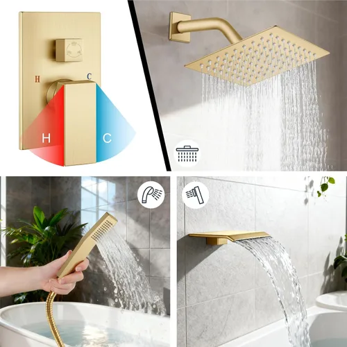 Miniatura 4 de Midanya Sistema de ducha con caño de bañera, juego de grifo de ducha con cabezal cuadrado de lluvia y rociador de mano para montaje en pared, juego