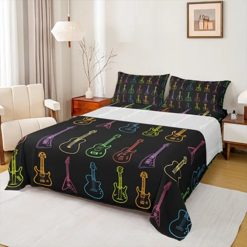Miniatura 25 de Erosebridal Juego de sábanas con temática musical de música rock, tamaño Queen, juego de sábanas con estampado de notas musicales, juego de sábanas