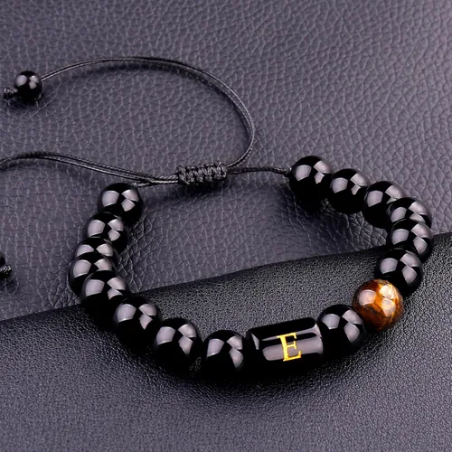 Miniatura 25 de SUMMER LOVE Regalos para el Día del Padre, pulsera con inicial de piedra de ónix negro de 0.394 pulgadas para hombres, pulsera de cuerda trenzada