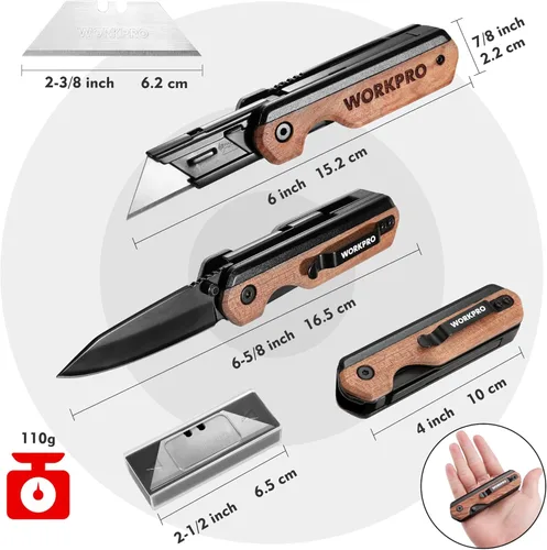 Miniatura 2 de WORKPRO Cuchillo plegable 2 en 1/cuchillo utilitario, regalos para papá, cortador de caja de cambio rápido con clip para cinturón y bloqueo de Madera