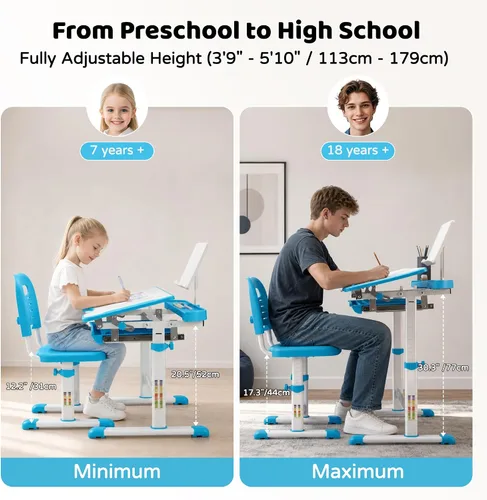 Miniatura 4 de Diroan Juego de Escritorio y Silla Funcional para Niños, Escritorio de Estudio Escolar Ergonómico de Altura Ajustable para Niños con Superficie