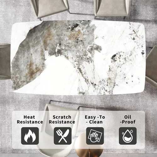 Miniatura 4 de Mesa de comedor moderna, mesa de comedor de piedra sinterizada blanca antigua con base de acero al carbono sólido en forma de X, mesa de comedor