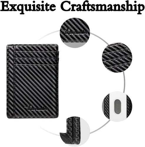 Miniatura 8 de Travelambo Cartera delgada de cuero minimalista con bolsillo frontal, bloqueo RFID, textura de fibra de carbono