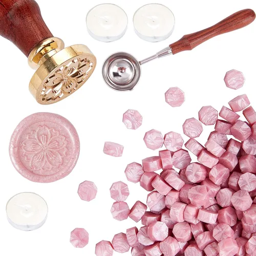 CRASPIRE Juego de sellos de cera de flor de cerezo + 200 cuentas de cera de sellado rosadas + cuchara de fusión + 3 velas para invitaciones de boda,